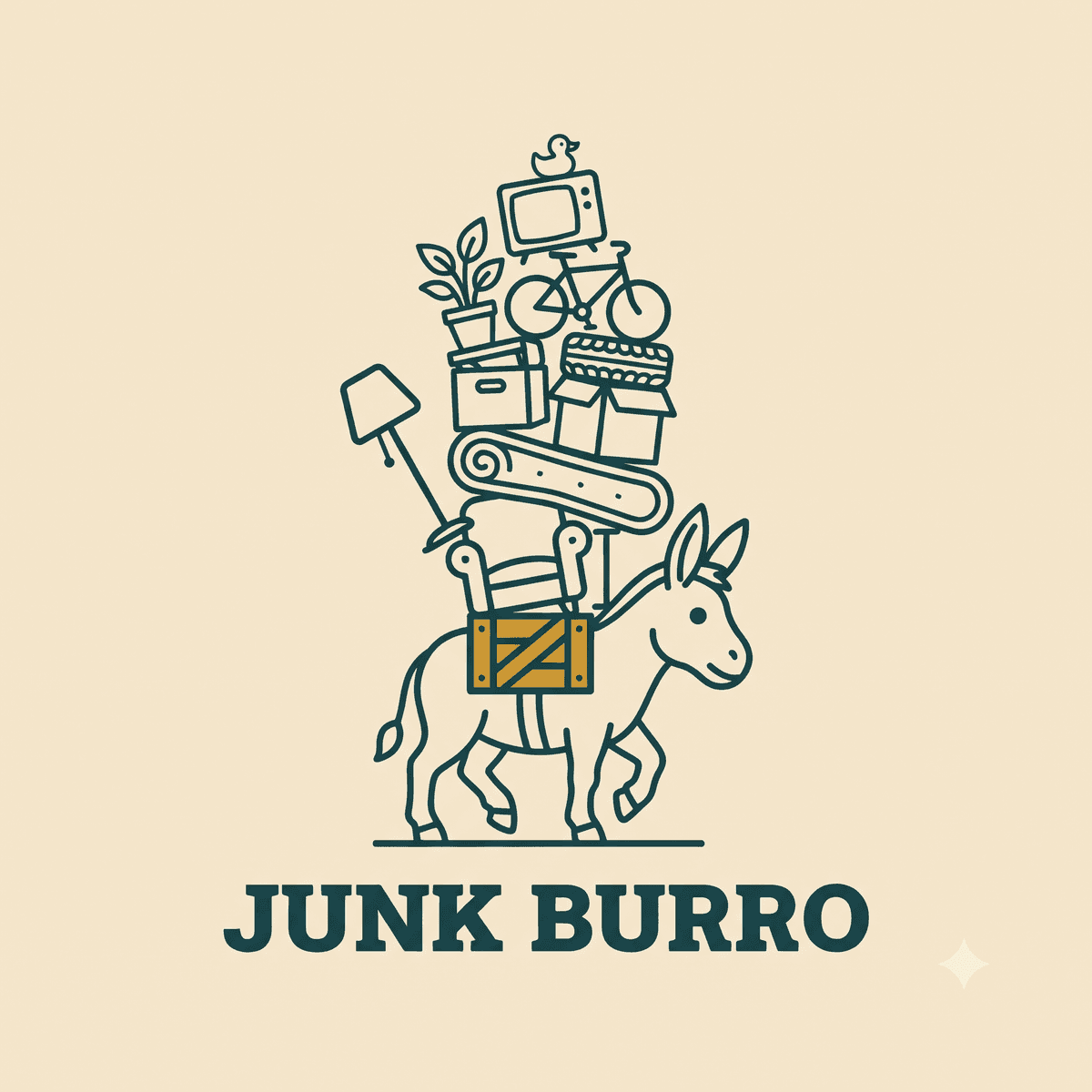 Junk Burro — a burro hauling a towering stack of junk